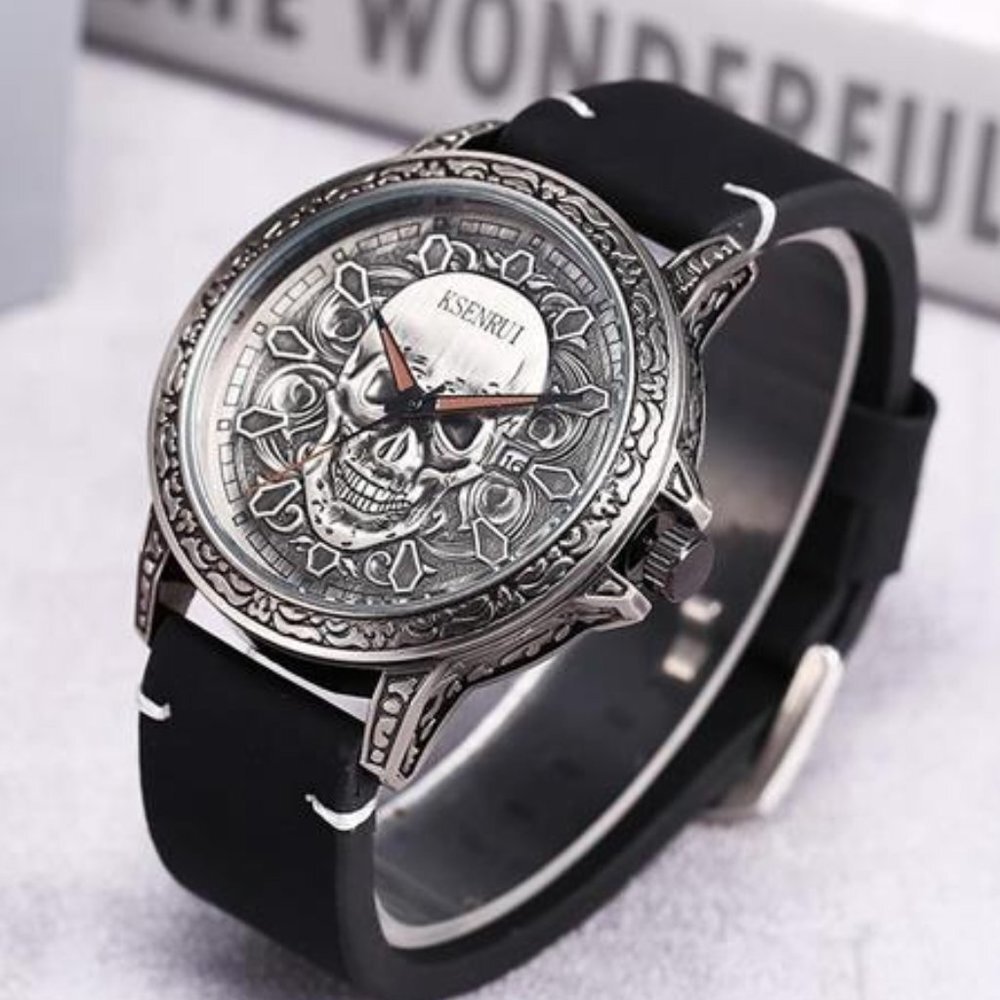 NEW Mens Black Luxury Skull Watch